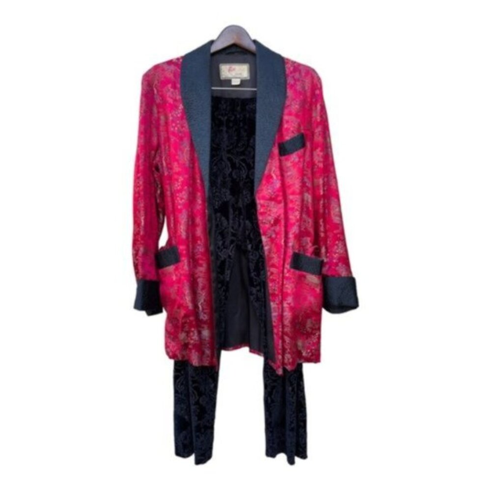Vintage Oriental Satin Brocade Smoking Jacket w/ Black Pants Men Size 48 - Picture 5 of 14